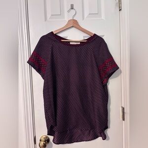 LOFT Plum Polka Dot Short Sleeve Tunic with Accent Bands